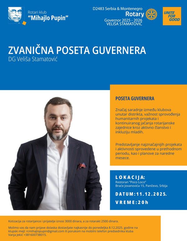 🔔⚙️NAJAVA ZVANIČNE POSETE DISTRIKTNOG GUVERNERA VELIŠE STAMATOVIĆA NAŠEM KLUBU